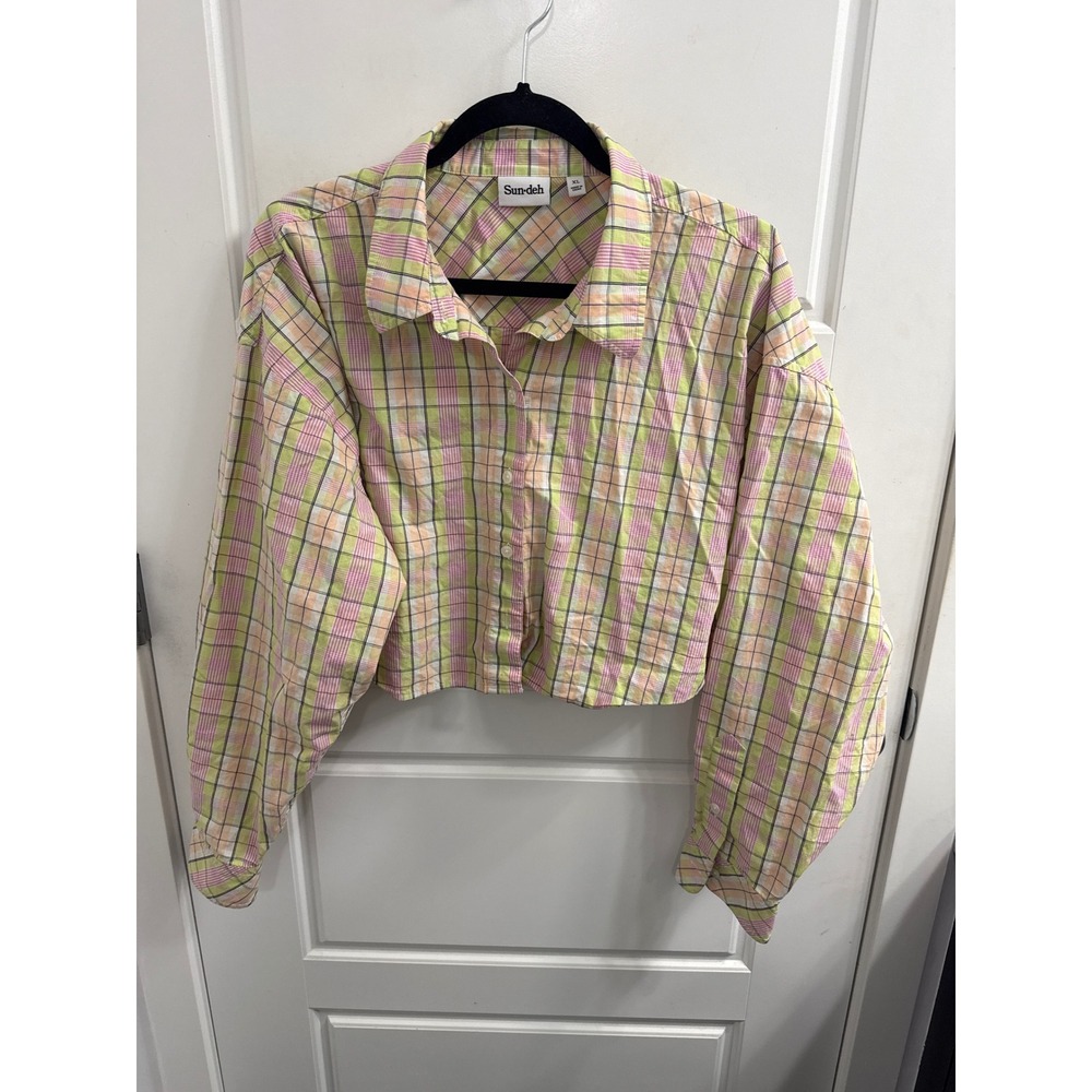 Sun-deh Womens‎ XL Cropped Plaid Button Down Shirt Pink Green Multi Long Sleeve
